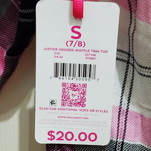 NWT: JUSTICE Pink Black Long Sleeve Button Hooded Waffle Trim Top, Small - Picture 5 of 10